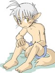 5_fingers 5_toes anthro blush clothed clothing embarrassed feet fingers grey_hair hair hand_on_knee hand_on_leg male shorts_only simple_background sitting solo tail toes topless white_background yellow_eyes young young_anthro young_male konsuke mammal rodent 2004 3:4 archived_source low_res