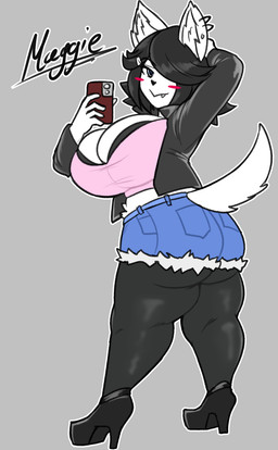 :> anthro big_breasts biped black_bra black_clothing black_footwear black_hair black_high_heels black_jacket black_leggings black_legwear black_topwear black_underwear blue_bottomwear blue_clothing blue_shorts blush blush_stickers blush_through_hair bottomwear bra bra_peek breasts butt butt_pose cellphone cleavage closed_smile clothed clothed_anthro clothed_female clothing electronics eyebrow_through_hair eyebrows female footwear fully_clothed fully_clothed_anthro fully_clothed_female fur furgonomic_bottomwear furgonomics grey_background hair hair_over_eye hand_behind_head high_heels holding_cellphone holding_object holding_phone holding_smartphone huge_breasts inner_ear_fluff jacket leggings legwear looking_at_viewer mouth_closed one_eye_obstructed phone pink_clothing pink_topwear platform_footwear platform_heels pose shoes shorts simple_background smartphone smile solo standing text topwear translucent translucent_hair tuft underwear white_body white_fur jyto maggie_applebee canid canine canis domestic_dog mammal 2022 character_name digital_drawing_(artwork) digital_media_(artwork) english_description full-length_portrait hi_res portrait