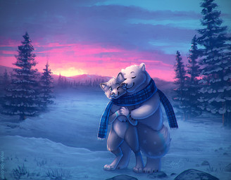 anthro backlighting blue_eyes blue_scarf closed_smile cuddling detailed_background duo ear_piercing eyes_closed female front_view fur glistening glistening_nose grey_body grey_fur grey_nose hair hug hugging_another hugging_from_behind industrial_piercing light male mouth_closed one_eye_closed outside piercing plant rock scarf short_hair smile standing sunset tree white_body white_fur white_hair mylafox adrian_(javentheshyfoxy) arctic_fox bear canid canine fox mammal polar_bear true_fox ursine 2017 dated lighting signature