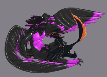anthro athletic athletic_anthro athletic_male athletic_sub biped black_latex drone duo feathered_wings feathers grey_background latex male orange_latex pink_latex simple_background slim_anthro slim_male slim_sub wings yporolsya avali 2025 absurd_res hi_res