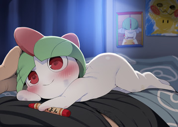 ambiguous_gender anthro blush bodily_fluids butt crayon drawing_(object) duo green_hair green_pseudo_hair hair inside on_top picture_frame pseudo_hair red_eyes smile solo_focus sweat text white_body young young_ambiguous young_anthro young_humanoid dagasi nintendo pokemon generation_3_pokemon generation_7_pokemon human humanoid mammal mimikyu pokemon_(species) ralts 2025 digital_media_(artwork) hi_res japanese_text translated