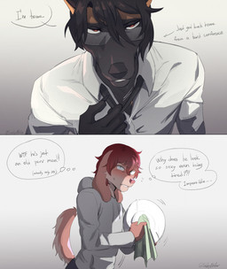 anthro black_hair black_nose blue_eyes clothed clothing duo floppy_ears fur grey_body grey_clothing grey_fur grey_hoodie grey_topwear hair hoodie male male_anthro pink_body pink_fur pink_nose red_eyes red_hair tan_body tan_fur topwear white_clothing white_topwear cobu canid canine canis domestic_dog mammal hi_res