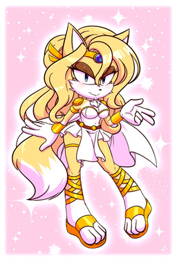 big_breasts blonde_hair blue_eyes bottomwear breasts clothing female footwear fur gold_(metal) hair long_hair sandals sassy shoes simple_background skirt solo sparkles thick_thighs yellow_body yellow_fur xxkenthewolfxx sega sonic_the_hedgehog_(series) fan_character canid canine fox mammal absurd_res hi_res