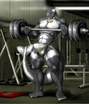 abs anthro athletic barbell biceps big_muscles biped black_body black_skin bodily_fluids bulge clothed clothing erection exercise feet genitals grey_body grey_eyes grey_skin grin gym hindpaw holding_object inside jewelry jockstrap male muscular muscular_anthro muscular_male navel necklace nipples paws pecs penis pose smile solo standing sweat topless underwear vein weightlifting weights white_body white_skin workout zorro_re akamai cetacean dolphin mammal marine oceanic_dolphin orca toothed_whale 2013