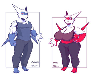 anthro big_breasts biped border breasts cleavage clothed clothed_anthro clothed_female clothed_male clothing digitigrade female female_anthro huge_breasts male male/female male_anthro multicolored_body muscular muscular_male outside_border pose simple_background solo standing text thick_thighs three-quarter_view topwear white_background wide_hips koolish nintendo pokemon cypher_(bloobiesus) pixie_(bloobiesus) generation_3_pokemon latias latios legendary_pokemon pokemon_(species) character_name digital_drawing_(artwork) digital_media_(artwork) english_text full-length_portrait model_sheet portrait