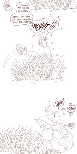 belly big_belly butt clothing duo female feral footwear grass hat headgear headwear human_prey oral_vore outside overweight plant shoes simple_background speech_bubble text vore white_background cownugget nintendo pokemon braixen generation_6_pokemon human mammal pokemon_(species) 2022 absurd_res hi_res