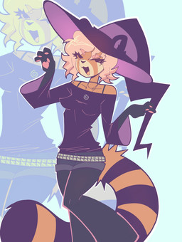 andromorph anthro belt clothing exposed_shoulder hair hat headgear headwear intersex pink_hair solo studded_belt studs witch_hat witchpanda witchpanda_(character) ailurid mammal red_panda hi_res