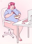 anthro belly big_breasts blue_clothing blue_eyes blue_shirt blue_topwear blush bowl breasts chair clothing computer_mouse container desk eating electronics female floppy_ears furniture hair holding_bowl holding_container holding_object keyboard long_hair looking_at_computer looking_at_object makeup mascara monitor office_chair overweight overweight_female panties pink_body pink_clothing pink_hair pink_panties pink_underwear shirt simple_background solo table topwear underwear aucherr domestic_pig mammal suid suine sus_(pig) 2024 absurd_res hi_res