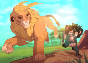 alternate_species black_eyes black_sclera blonde_hair blonde_mane duo feral feral_with_hair feralized fur grass green_body green_eyes green_fur green_hair hair male mane orange_body orange_fur plant quadruped smile student teacher teacher_and_student tree young saberghatz disney my_hero_academia the_lion_king izuku_midoriya toshinori_yagi felid lion mammal pantherine 2022 crossover