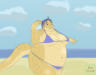anthro beach belly big_belly big_breasts big_butt big_legs bikini blue_bikini blue_clothing blue_eyes blue_hair blue_swimwear breasts butt clothing cloud double_chin female hair morbidly_obese navel obese overweight overweight_female sand sky solo swimwear tail thick_tail two-piece_swimsuit walking water yellow_body dintrick agamid bearded_dragon lizard reptile scalie absurd_res hi_res
