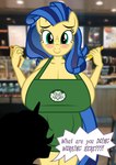 ?! ambiguous_gender anthro anthrofied apron apron_only big_breasts blue_hair blush breasts cleavage clothed clothing coffee_shop dialogue duo earth_pony embarrassed english_text equid equine eyelashes fan_character female flashequestria freckles fur green_eyes hair hasbro hi_res holding_note_pad holding_object holding_pencil horn horse huge_breasts i_mean_breast_milk inside mammal meme milky_way_(flash_equestria) mostly_nude my_little_pony mythological_creature mythological_equine mythology note_pad pencil_(object) photo_background photography_(artwork) pony side_boob silhouette smile solo_focus speech_bubble starbucks text unicorn yellow_body yellow_fur