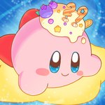 abstract_background anniversary birthday_candle blue_eyes cake dessert food looking_at_viewer lying male on_front pink_body smile smiling_at_viewer solo warp_star akarisu kirby_(series) nintendo kirby waddling_head 1:1 2021