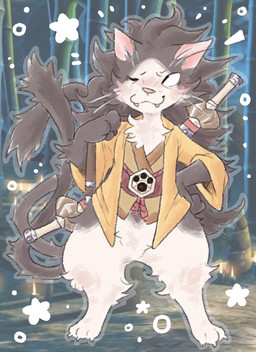 2_tails 3_toes anthro asian_clothing bamboo bottomless brown_body brown_fur brown_hair candle cat_smile cheek_tuft chest_tuft circle_(shape) claws closed_smile clothed clothing detailed_background east_asian_clothing emanata eyebrows facial_tuft fangs featureless_crotch feet fluffy fluffy_tail fur grey_outline hair japanese_clothing kimono kimono_only looking_up male male_anthro melee_weapon mouth_closed multi_tail multicolored_body multicolored_fur object_in_mouth one_eye_closed outline paw_(marking) paws pink_inner_ear pink_nose putting_on_clothes rope scabbard smile solo star_symbol sword sword_in_mouth tail teeth thick_thighs toe_claws toes topwear topwear_only tuft weapon weapon_in_mouth whiskers white_body white_fur wide_hips gubsygoo arc_system_works asian_mythology blazblue east_asian_mythology japanese_mythology mythology jubei_(blazblue) felid mammal nekomata yokai 2025 hi_res portrait