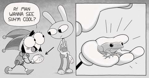 4_fingers anthro clasped_hands dialogue directional_arrow duo eye_contact female feral fingers image_bubble looking_at_another looking_down male reveal speech_bubble standing stick_limbs walking hotdiggedydemon glitch_productions the_amazing_digital_circus jax_(tadc) pomni_(tadc) amphibian frog humanoid lagomorph leporid mammal rabbit hi_res