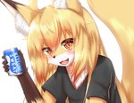 2020 5_fingers ahoge anthro beverage_can black_nose blonde_hair blush brown_body brown_fur canid canine chest_tuft claws clothing cute_fangs digital_media_(artwork) dipstick_ears ear_markings fangs female female_anthro fingers fox fur glistening glistening_eyes glistening_hair gloves_(marking) hair happy hi_res holding_object horokusa0519 inner_ear_fluff kemono korai_(horokusa) long_hair looking_at_viewer mammal markings multicolored_ears open_mouth pupils shirt short_sleeves simple_background slit_pupils smile solo t-shirt tail teeth text tongue topwear translucent translucent_hair tuft white_background white_body white_fur yellow_body yellow_eyes yellow_fur yellow_tail