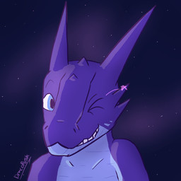 ambiguous_gender anthro blue_eyes cosmic_background multicolored_eyes one_eye_closed purple_body rosk_alkali scales solo space space_background wink dracorosk european_mythology mythology dragon mythological_creature mythological_scalie scaled_dragon scalie western_dragon 1:1 headshot_portrait hi_res portrait