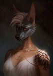 anthro black_nose brown_body brown_ears brown_fur clothed clothing eyelashes fangs female fur glistening glistening_eyes glistening_nose grey_body grey_fur hair looking_aside mouth_closed narrowed_eyes red_eyes short_hair shoulder_pads simple_background solo teeth white_clothing white_hair marie_merkh canid mammal artist_name bust_portrait hi_res portrait signature