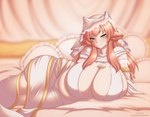 bed big_breasts blush breasts female furniture green_eyes hair horn huge_breasts looking_at_viewer orange_hair smile solo thick_thighs wide_hips cakecatboy gwynevere megan_meadow_(cowszers) animal_humanoid bovid bovid_humanoid bovine bovine_humanoid cattle_humanoid horned_humanoid humanoid mammal mammal_humanoid absurd_res hi_res