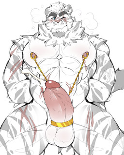 abs accessory anthro balls beard biceps biped bodily_fluids cock_ring cum cumshot ejaculation erection eye_scar facial_hair facial_scar foreskin genital_fluids genitals glans goatee grimace hair hands-free humanoid_genitalia humanoid_penis jewelry male male_anthro muscular muscular_anthro muscular_male navel nipple_fetish nipple_piercing nipples orgasm pecs penis penis_accessory penis_jewelry piercing retracted_foreskin ring ring_piercing scar solo spreading stripes struggling teeth vein veiny_penis seikoarts arknights hypergryph studio_montagne mountain_(arknights) felid mammal pantherine tiger 4:5 absurd_res hi_res