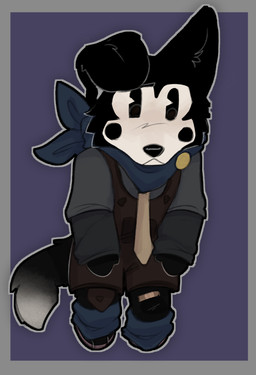 anthro band-aid band-aid_on_knee band-aid_on_leg bandage black_body black_fur chibi clothing dipstick_tail floppy_ears fur kerchief knee_pads leg_warmers legwear long_sleeve_shirt male markings medallion mole_(marking) neckerchief necktie neckwear one_ear_up overalls pie_cut_eyes solo tail tail_markings white_body white_fur cerberussenn lucky_sweeto_(cerberussenn) canid canine canis mammal wolf absurd_res hi_res