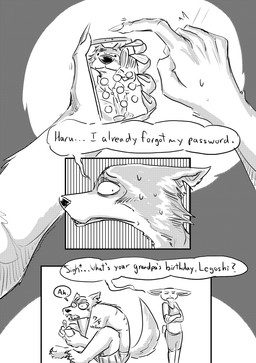 anthro blush bodily_fluids boxers_(clothing) bra clothing crossed_arms dialogue duo electronics embarrassed female gesture hand_gesture holding_object holding_phone horrified humiliation male phone scar sigh sitting sports_bra sweat sweatdrop text underwear v_sign dragonweirdo beastars haru_(beastars) legoshi_(beastars) canid canine canis lagomorph leporid mammal rabbit wolf absurd_res comic english_text hi_res monochrome