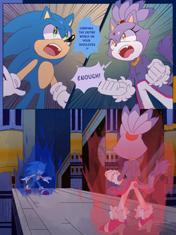 anthro argument aura boss_battle clothing dialogue duo female footwear gloves green_eyes handwear hero high_heels jacket male princess royalty shoes speech_bubble standing text topwear yelling yellow_eyes oatumn sega sonic_the_hedgehog_(series) blaze_the_cat sonic_the_hedgehog domestic_cat eulipotyphlan felid feline felis hedgehog mammal 3:4 comic hi_res