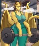 anthro athletic athletic_female barbell blue_eyes breasts cleavage clothed clothing detailed_background exercise female green_clothing gym half-closed_eyes horn narrowed_eyes nipple_outline sleeveless_shirt solo steam tail tight_clothing wide_hips wings yellow_body noodlerain mythology white_oyster charley_alister dragon mythological_creature mythological_scalie scalie absurd_res hi_res