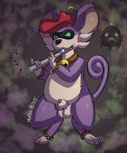 animal_genitalia anthro balls bell bell_anklet bell_collar bell_wristband clothing collar curled_tail flute fur genitals green_eyes hat hat_feather headgear headwear loose_feather male mask musical_instrument penis penis_tip playing_flute playing_music purple_body purple_fur sheath solo standing tail tan_body tan_fur wind_instrument woodwind_instrument pastelpaints nintendo pokemon generation_1_pokemon pokemon_(species) rattata 2026 5:6 absurd_res digital_media_(artwork) hi_res