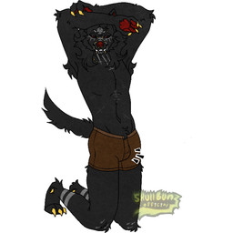 anthro arms_above_head arms_on_head black_body black_fur bridge_piercing brown_clothing brown_underwear bulge claws clothing eyebrow_piercing facial_piercing fur gold_(metal) gold_piercing heel_claw kneeling looking_at_viewer male markings nose_piercing pawpads piercing presenting red_eyes red_nose red_pawpads satanic_symbol scar smile smiling_at_viewer solo tail underwear yellow_claws skull_bunz_official jaxx_(huf13) canid canine canis mammal wolf absurd_res hi_res watermark