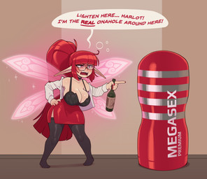 angry big_breasts blush breasts cleavage clothed clothing dialogue drunk ellipsis eyewear female glasses hair huge_breasts humanoid_pointy_ears insect_wings not_furry open_mouth penetrable_sex_toy pointy_ears red_eyes red_hair sex_toy solo substance_intoxication text wine_bottle wings huffslove tenga fairy humanoid 2026 absurd_res digital_media_(artwork) english_text hi_res