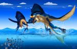 ambiguous_gender anthro duo_focus feral fin group partially_submerged size_difference tail water waterline_view suzidragonlady mythology dragon fish marine mythological_creature mythological_scalie scalie 2008 digital_media_(artwork)