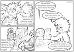 anthro border dialogue eyewear female glasses group humor male text white_border blitzcomicguy bandai_namco digimon digimon_ghost_game animal_humanoid beastmon cat_humanoid digimon_(species) felid felid_humanoid feline feline_humanoid human humanoid mammal mammal_humanoid meicrackmon_vicious_mode comic english_text monochrome