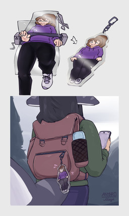 anthro backpack bottomwear breasts clothing day duo electronics female flattened footwear hair holding_object holding_phone hoodie human_to_inanimate inanimate_transformation keychain outside pants phone purple_clothing purple_hoodie purple_topwear shoes tail topwear transformation anthromage anna_magenta aquatic fish human mammal shark 2026 absurd_res digital_media_(artwork) hi_res
