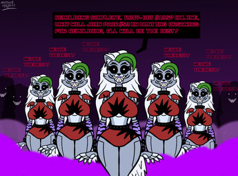 after_transformation anthro black_sclera breasts dialogue female green_hair group hair machine mind_control robotization silhouette simple_background smile speech_bubble standing teeth text toothy_grin twinning white_hair mothost five_nights_at_freddy's five_nights_at_freddy's:_security_breach scottgames steel_wool_studios roxanne_wolf canid canine canis mammal robot robot_anthro wolf 2023 digital_media_(artwork) english_text hi_res signature