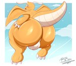 2024 absurd_res anthro backsack balls big_butt blush brick_break_after_dark butt dragon dragonite generation_1_pokemon genitals hi_res huge_butt hyper hyper_butt looking_at_viewer looking_back looking_back_at_viewer male mythological_creature mythological_scalie mythology nintendo open_mouth pokemon pokemon_(species) raised_tail rear_view scalie solo tail