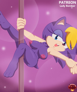 anthro areola blonde_hair blue_body blue_eyes blue_fur breasts dancing eyelashes female fur hair nipples nude nude_female pole pole_dancing solo tail lady_bomber archie_comics sega sonic_the_hedgehog_(archie) sonic_the_hedgehog_(comics) sonic_the_hedgehog_(series) bernadette_hedgehog eulipotyphlan hedgehog mammal hi_res
