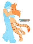 2012 anthro bottomless casual_exposure claws clothed clothing colored conditional_dnp countershading digital_drawing_(artwork) digital_media_(artwork) digitigrade duo ears_back english_text eyes_closed felid female female_on_human flora_(twokinds) fur hands_behind_back human human_on_anthro interspecies keidran kiss_on_lips kissing male male/female male_on_anthro mammal on_one_leg one_leg_up pantherine partially_clothed pawpads pivoted_ears raised_leg restricted_palette romantic romantic_couple simple_background standing striped_body striped_fur stripes tail text tiger toe_claws tom_fischbach trace_legacy twokinds white_background