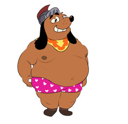 anthro armor belly boxers_(clothing) brown_body brown_fur clothing footwear fur headgear helmet male moobs navel nipples overweight smile socks solo underwear roablocs puppy_guard russell_(puppy_guard) canid canine canis domestic_dog mammal hi_res