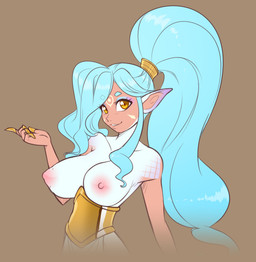 apode areola big_breasts blue_hair breasts eyebrows eyelashes facial_markings female hair head_markings huge_breasts humanoid_pointy_ears legless looking_at_viewer markings nipples not_furry pointy_ears ponytail serpentine solo split_form yellow_eyes scorpdk draconcopode humanoid lamia reptile scalie snake 2024 hi_res