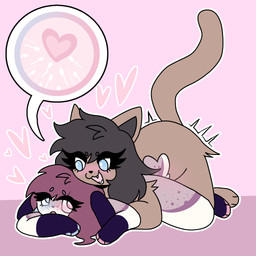 anthro arm_markings black_hair blue_eyes blush bodily_fluids breed brown_body brown_fur brown_hair cum doggystyle duo female freckled_face freckles from_behind_position fur genital_fluids hair heart_shaped_womb heart_symbol hearts_around_head heterochromia humping looking_pleasured male male/female markings on_top open_mouth pink_background pink_eyes pink_floor seductive sex simple_background smile sperm_cell spots spotted_markings submissive tan_body tan_fur teeth uterus bratcafe melody_(bratcafe) domestic_cat felid feline felis lagomorph leporid mammal rabbit 1:1 hi_res trans_(lore) trans_woman_(lore)