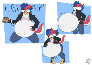 5_fingers anthro beer_mug belly belly_expansion big_belly black_clothing black_jacket black_nose black_topwear blue_bottomwear blue_clothing blue_hair blue_jeans blue_pants blush bodily_fluids bodily_noises bottomwear burping chest_tuft clothing collar container cup denim denim_bottomwear denim_clothing derived_sound_effect different_sound_effects ear_piercing expansion exposed_belly extended_sound_effect eyes_closed fangs fingers footwear fur gold_(metal) gold_collar grey_clothing grey_shirt grey_topwear hair hand_on_belly holding_container holding_cup holding_mug holding_object inflation jacket jeans liquid_inflation looking_down looking_down_at_self male metal_collar motion_lines mug narrowed_eyes navel one_eye_closed onomatopoeia open_mouth overweight overweight_anthro overweight_male pants piercing pink_tongue red_body red_fur rumbling_stomach shirt shoes slosh sloshing_belly solo sound_effect_variant sound_effects spiked_collar spikes standing sweat sweatdrop teeth text tongue topwear tuft white_belly worried v1sage mythology rex_(v1sage) canid canid_demon canine demon hellhound mammal mythological_canine mythological_creature multiple_images