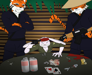 ak-47 ak_platform alcohol anthro army_uniform asian_conical_hat assault_rifle beer beverage blood bodily_fluids card clothing femboy forced fur furniture group gun handgun hat headgear headwear kerchief male male/male money muscular muscular_male ranged_weapon revolver rifle russian_roulette stripes suicide sweat table trio vietnam_war weapon white_body white_fur villegreen felid lagomorph leporid mammal pantherine rabbit tiger