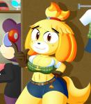 anthro big_breasts breasts bulging_breasts clothed clothing duo exposure_variation female fully_clothed fur hair looking_at_viewer navel short_stack slickehedge animal_crossing nintendo isabelle_(animal_crossing) label_able canid canine canis domestic_dog eulipotyphlan hedgehog mammal shih_tzu toy_dog hi_res