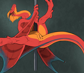 anus blue_eyes butt claws countershading dancing female female_feral feral front_view genitals hair horn looking_at_viewer membrane_(anatomy) non-mammal_vulva open_mouth pole pole_dancing presenting presenting_anus presenting_hindquarters presenting_vulva red_body simple_background smile solo spread_legs spreading stripes stripper_pole tail teeth thick_tail vulva wings flamespitter european_mythology mythology eztli_(user_55) dragon mythological_creature mythological_scalie scalie western_dragon wyvern hi_res