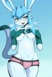 anthro anthrofied blue_body blue_eyes blue_fur blush bodily_fluids breasts briefs camel_toe cheek_tuft clothed clothing covering covering_breasts covering_self facial_tuft female front_view fur gloves_(marking) gradient_background markings navel open_mouth partially_clothed pokemorph simple_background solo standing sweat thick_thighs topless tuft under_boob underwear san_ruishin nintendo pokemon canid eeveelution generation_4_pokemon glaceon mammal pokemon_(species) 2018 digital_media_(artwork) hi_res portrait three-quarter_portrait