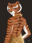 anthro clothed clothing dress exposed_back female fur looking_at_viewer orange_body simple_background smile solo standing striped_body stripes zzommie dreamworks kung_fu_panda master_tigress felid mammal pantherine tiger 3:4 digital_media_(artwork) hi_res