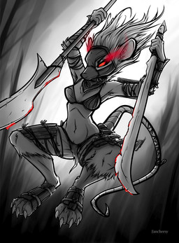 anthro armor blood bodily_fluids bottomwear card_game clothing female fur gaming loincloth mask melee_weapon ninja polearm red_eyes revealing_outfit solo spear sword warrior weapon white_body white_fur fancheesy hasbro magic:_the_gathering wizards_of_the_coast ink-eyes mammal murid murine nezumi_(magic:_the_gathering) rat rodent absurd_res hi_res