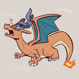 3_fingers 3_toes ambiguous_gender anthro chaos claws covering covering_eyes covering_face dot_eyes duo exclamation_point feet feral fingers fire flaming_tail flying fur grey_background horn humor motion_lines open_mouth pawpads simple_background simple_eyes tail teeth toes tongue tuft wings advos nintendo pokemon charizard generation_1_pokemon generation_4_pokemon pokemon_(species) riolu 1:1 2023