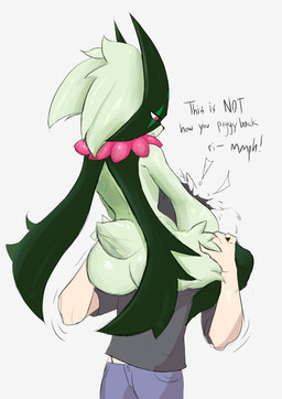 ambiguous_gender anthro big_butt black_hair black_nose blue_bottomwear blue_clothing blue_pants bottomwear butt carrying_another clothing dialogue duo eyelashes fur green_body green_fur grey_background grey_clothing grey_topwear hair interspecies mask pants piggyback pink_eyes pokephilia rear_view simple_background tan_body tan_skin text thick_thighs topwear wide_hips phrenpai nintendo pokemon generation_9_pokemon human mammal meowscarada pokemon_(species) absurd_res hi_res