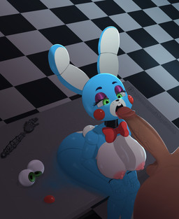 anthro areola balls big_breasts black_background blue_body bow_tie breasts buckteeth checkered checkered_background checkered_floor cotton_tail crossgender duo eyelashes eyeshadow fellatio female fingers genitals green_eyes huge_breasts licking machine makeup male male/female nipples nude open_mouth oral pattern_background penile penis penis_lick pink_areola pink_nipples purple_eyeshadow rosy_cheeks sex simple_background sitting teeth thick_thighs tongue tongue_out white_background white_body wide_hips a_z_artist five_nights_at_freddy's five_nights_at_freddy's_2 scottgames toy_bonnie_(fnaf) animatronic human lagomorph leporid mammal rabbit robot 2022 digital_media_(artwork) hi_res